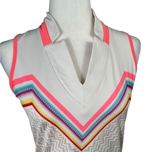 Lucky In Love White & Pink Multi Print Sleeveless Golf Polo Top - Picture 2 of 6